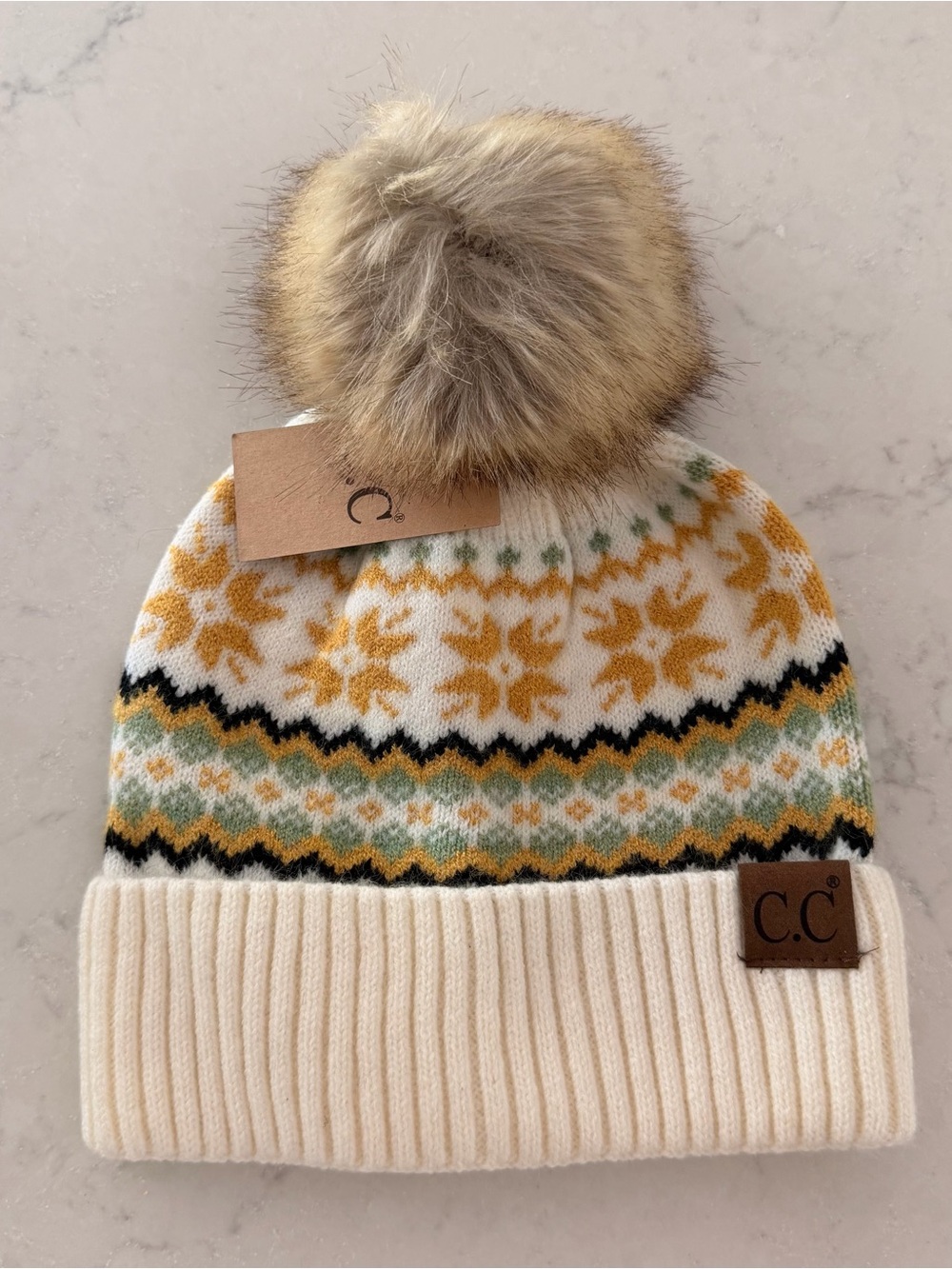 C.C Cream Pom Beanie with Mustard Star Pattern